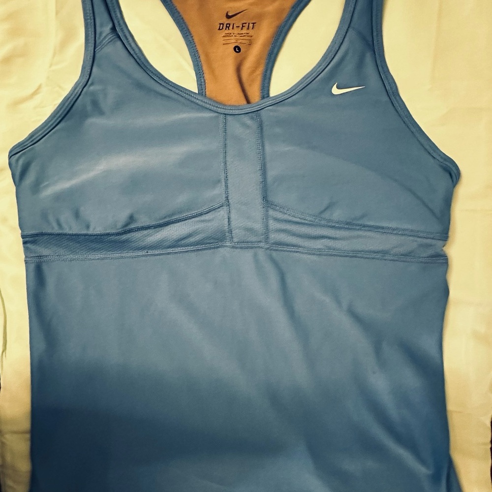 Nike Dri-FIT Blue Built-In Sports Bra Racerback Active Tank Top Mesh Back Size L - Picture 7 of 9